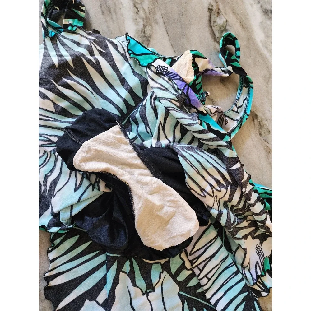 Vintage Robby Len Tropical Floral Swimdress One Piece Teal Purple USA Made